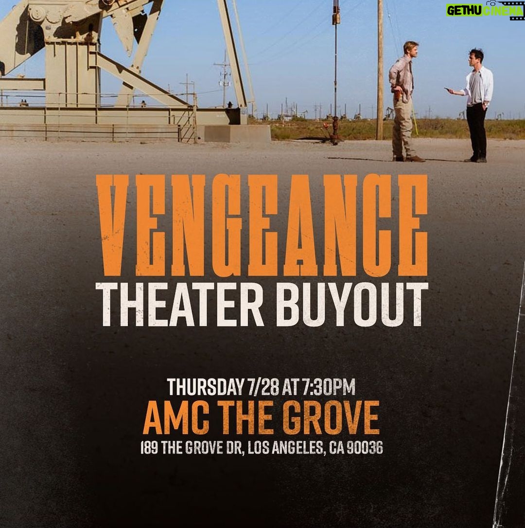 Jenna Fischer Instagram - Hey! My good pal @bjnovak new movie, @vengeancefilm is coming out in theaters this weekend, and I want to give you all the opportunity to see it first! I'm buying out an entire theater at the AMC at The Grove in LA this Thursday, July 28 for the 7:30pm screening. Tickets will be available starting at 7:00pm, look for a Focus Features rep who will be handing them out beside the box office. It's first-come, first-served, one ticket per person. Bring your friends! Enjoy the movie! It's a fun one, I promise. πΏπ¬π½