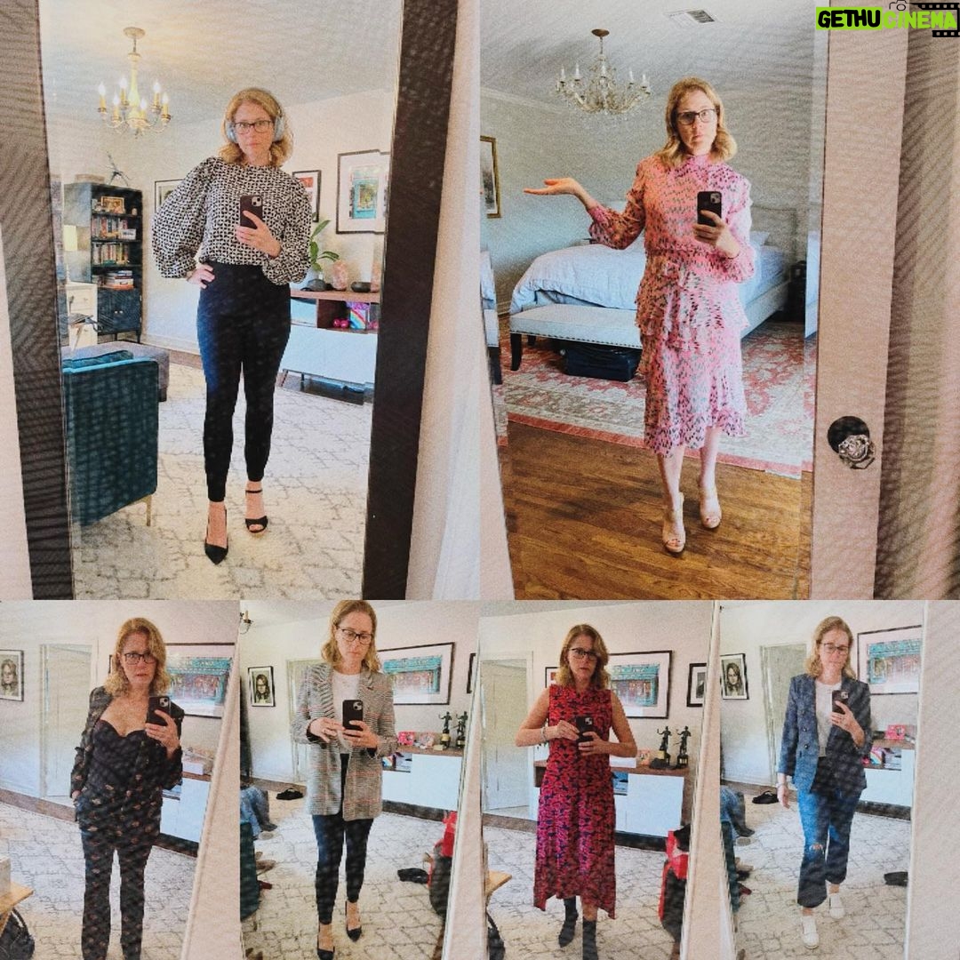 Jenna Fischer Instagram - #OneDayMay Today’s prompt…What I’m wearing… I would not normally connect with a prompt like this because what I’m wearing is often the last thing on my mind. I’ve been known to wear the same joggers to work that I wear to bed (they are made by the same company that makes my sheets…it’s like wearing my bed all day and I love them.) But for the last month I’ve taken more mirror selfies than the last ten years of my life combined while building my book launch wardrobe. What started as something I regarded as a painful chore has…well…turned out to be kinda fun. I’ve been borrowing clothes from friends and learning so much! I’m excited to get all dressed up and celebrate. This collage is just a sample of…What I’m wearing!!