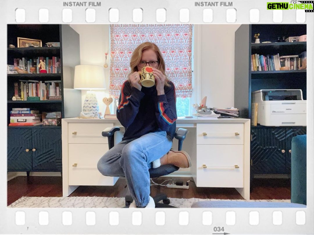 Jenna Fischer Instagram - #OneDayMay Today’s prompt…My favorite place to be: …At my desk at 9am on a Monday morning with a hot cup of coffee. After busy weekends filled with family activities and sports, I love the quiet solitude of my office on a Monday morning. I also love my work. Getting to dig into my creative and entrepreneurial brain makes me happy. The only thing missing from this photo is @mrsonnycat sitting in the window. And thank you @bethhelmstetter for helping me design my perfect office space! (She really wanted me to get a nicer desk chair but I’m attached to this old standard roller one.)