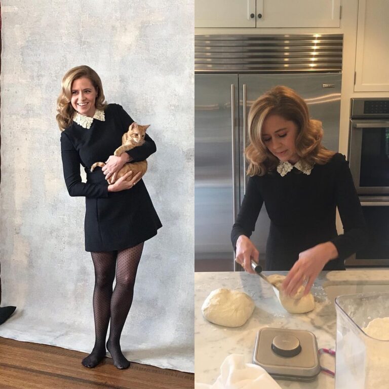 Jenna Fischer Instagram - #fbf to the time I stopped mid photo shoot to shape my sourdough bread. Some of you have asked why I don’t post bread making videos anymore…it’s because I had to adopt a gluten free diet to help reduce inflammation. Thankfully I’ve found some great substitutes and the transition hasn’t been as hard as I thought. Although I do miss that warm crusty sourdough! My gluten free friends…what do you miss and what great finds have you made? I miss dumplings and soy sauce but I love the Trader Joe’s Gluten Free Everything Bagels!