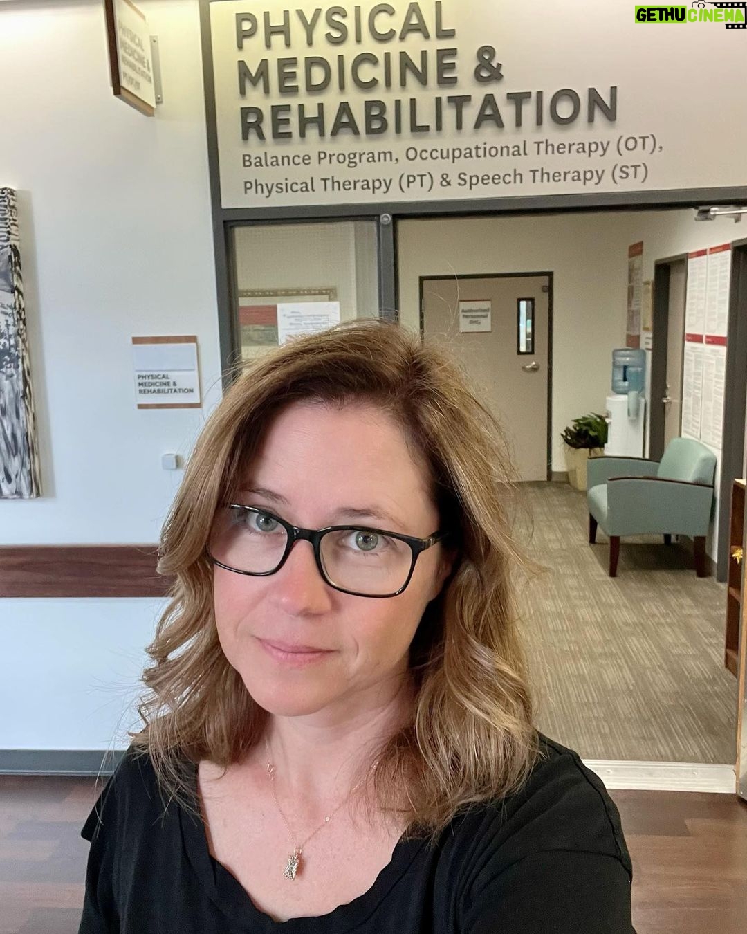 Jenna Fischer Instagram - Shoulder Update! 5 months post break. The good news: moving to physical therapy one day a week! (Partly because I’m ready and partly because my insurance won’t pay for twice a week. Don’t get me started.) More good news: sleeping in bed again!!! Woot! Giving back the medical recliner next week! Can do bicep curls with 5 pound weights. Way less pain overall. Still working on: Range of motion. Can’t put hair in a ponytail. Can’t raise arm above my head or put my arm behind my back. Still can’t hold/pour a full pot of coffee (but I can do a half pot). So, baby steps. It is estimated it will take me up to a year from my injury date to have full range of motion back. That’s just how it goes with shoulders. I daydream about doing my full yoga class again. Especially that pose where you link your hands behind your back and then bend forward and your arms go over your head. You know the one? Stay strong my rehab friends! ♥️