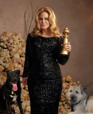 Jennifer Coolidge Instagram - Despite the torrential rain and many obstacles, so many talented people managed to make it to the 2023 @GoldenGlobes with bells on! ❤️🐾 
#Bagpipes & #Chewbacca took off their suits immediately…