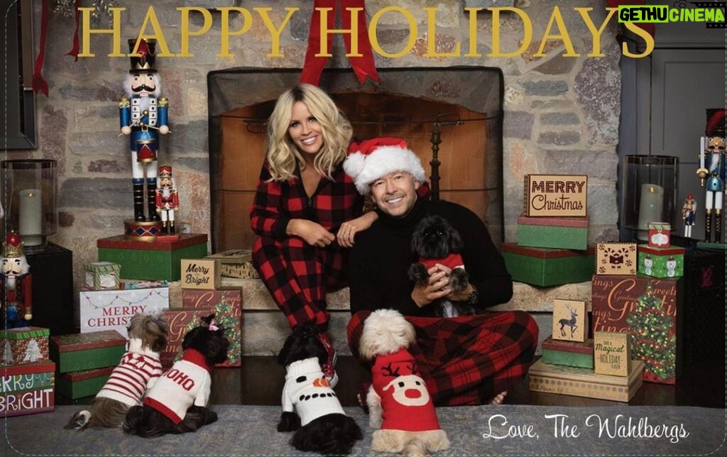 Jenny McCarthy-Wahlberg Instagram - Happy Puppy Holiday from myself, Mr Wahlberg and our fur baby family — from left to right — Gucci, Lady (the matriarch), Louis, Bruno and Duke (the patriarch, in Donnie’s arms). Have a wonderful Christmas and a Happy New Year! 📸: @lynettemcphoto #HappyHolidays #2023 #Christmas #puppies #family #shitzu St. Charles Illinois