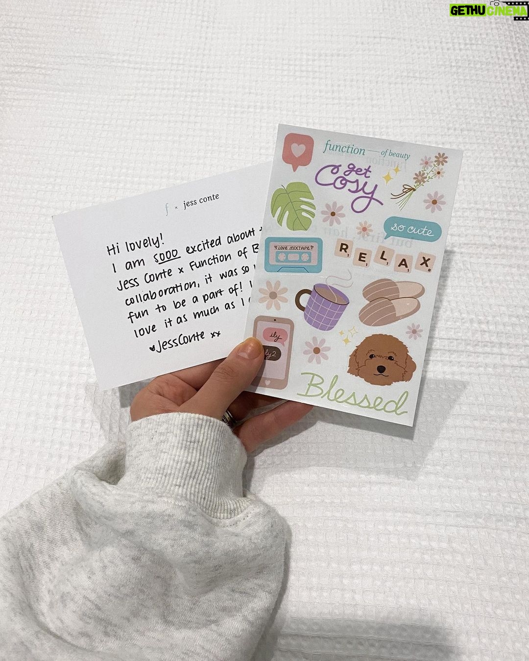Jess Conte Instagram - SO EXCITED to share my collaboration with @functionofbeauty!!! 🥲 We teamed up to design this adorable sticker set and I’m so happy with how it turned out (peep the milo sticker 😍). Function Of Beauty is one of my favourite brands and the haircare I’ve been using for about a year and a half now and it’s made the biggest difference on my hair. I LOVE this brand and I’m so honoured to have the opportunity to collab with them! You can click the link in my bio or go to functionofbeauty.com/jessconte to make your own personalised haircare order, get my limited edition sticker pack along with 20% off! 🥰💛