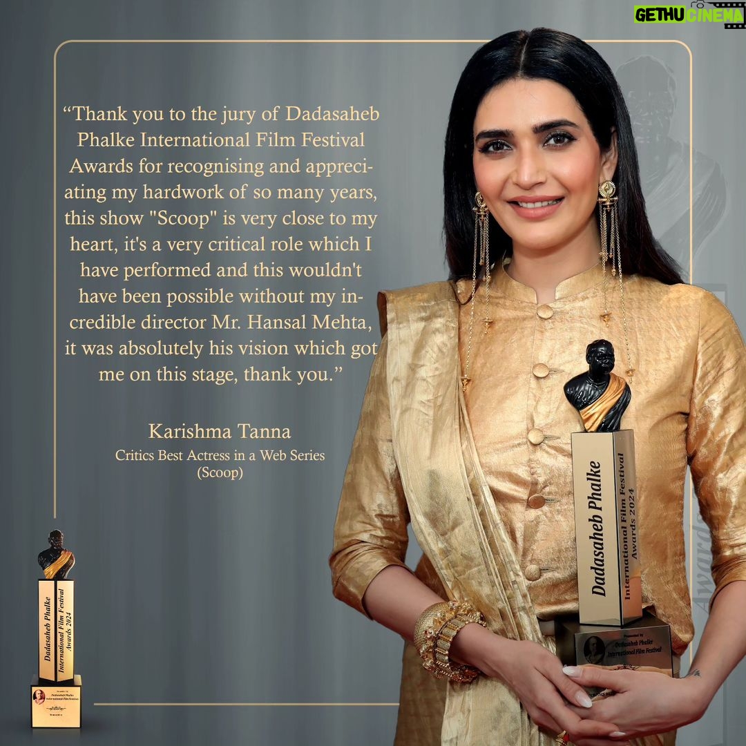 Karishma Tanna Instagram - Karishma Tanna’s exceptional contributions and unwavering dedication to Indian Cinema have unequivocally distinguished her in the industry Her commitment and expertise align seamlessly with the values and standards upheld by the Father of Indian Cinema. May she continue to serve the society with the same zeal and enthusiasm Karishma Tanna wins the Critics Best Actress in a Web Series Award at Dadasaheb Phalke International Film Festival Awards 2024 for "Scoop" @karishmaktanna #karishmatanna #scoop #critics #dpiff #dpiff2024