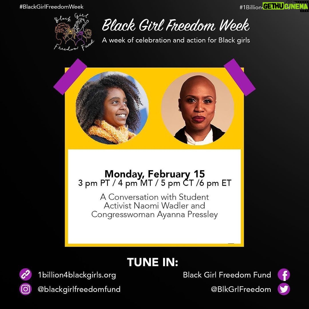 Kelly McCreary Instagram - ☀️ It is a GOOD morning indeed! Y’all know I love to uplift Black women and girls all day every day, so you can imagine how much I’ve been looking forward to this... Today @blackgirlfreedomfund kicks off #BlackGirlFreedomWeek!! Today begins a week-long celebration of Black girls* (*Black cis and trans girls, Black gender expansive youth, and Black femmes) and what is possible when we invest abundantly in their dreams, their power, and their leadership, and work together to co-create a future where they are safe, free, and thriving. The team at @blackgirlfreedomfund chose this week during Black History Month in honor of Toni Morrison and Audre Lorde’s birthdays. There are lots of ways to participate in the week’s events by either watching on our website or their Facebook, Twitter or Instagram page. SWIPE for all handles and some upcoming event details and join us!!! Today’s conversations feature the brilliant, inspiring voices of the multi-talented @rashidajones, Congresswoman @ayannapressley, activist @naomiwadler, and Grantmakers for Girls of Color Founder @monique.w.morris! More from BGFF: 🎨 We'd love for you to share your ideas, stories and art inspired by this week's themes of freedom, safety, justice, joy, wellness and dreams. Make sure to tag us and include #BlackGirlFreedomWeek in your post so we can uplift it! ⠀ ⠀ ✨When you donate to the Black Girl Freedom Fund, you are supporting work that advances the well being of Black girls and their families, including work that centers and advances the power of Black girls through organizing, asset mapping, capacity-building, legal advocacy, and narrative work that seeks to shift structural violence enacted against Black girls. Join us at 1billion4blackgirls.org (or tap the link in our bio!) #1bilion4blackgirls #blackgirljoy #blackgirlmagic #blackgirlfreedom #wellness #justice #creativity #art #freedom #safety #dreams #activism #blackhistorymonth