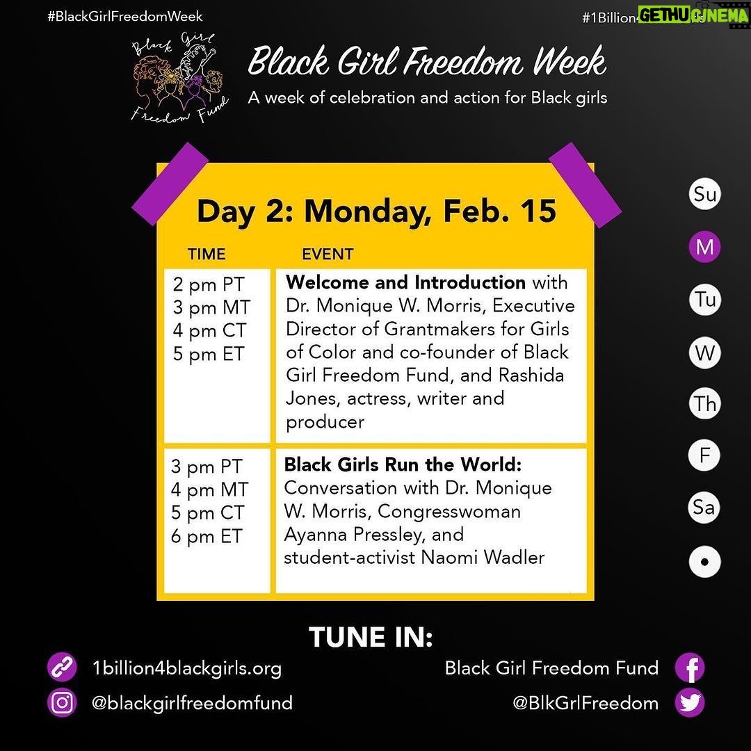 Kelly McCreary Instagram - ☀️ It is a GOOD morning indeed! Y’all know I love to uplift Black women and girls all day every day, so you can imagine how much I’ve been looking forward to this... Today @blackgirlfreedomfund kicks off #BlackGirlFreedomWeek!! Today begins a week-long celebration of Black girls* (*Black cis and trans girls, Black gender expansive youth, and Black femmes) and what is possible when we invest abundantly in their dreams, their power, and their leadership, and work together to co-create a future where they are safe, free, and thriving. The team at @blackgirlfreedomfund chose this week during Black History Month in honor of Toni Morrison and Audre Lorde’s birthdays. There are lots of ways to participate in the week’s events by either watching on our website or their Facebook, Twitter or Instagram page. SWIPE for all handles and some upcoming event details and join us!!! Today’s conversations feature the brilliant, inspiring voices of the multi-talented @rashidajones, Congresswoman @ayannapressley, activist @naomiwadler, and Grantmakers for Girls of Color Founder @monique.w.morris! More from BGFF: 🎨 We'd love for you to share your ideas, stories and art inspired by this week's themes of freedom, safety, justice, joy, wellness and dreams. Make sure to tag us and include #BlackGirlFreedomWeek in your post so we can uplift it! ⠀ ⠀ ✨When you donate to the Black Girl Freedom Fund, you are supporting work that advances the well being of Black girls and their families, including work that centers and advances the power of Black girls through organizing, asset mapping, capacity-building, legal advocacy, and narrative work that seeks to shift structural violence enacted against Black girls. Join us at 1billion4blackgirls.org (or tap the link in our bio!) #1bilion4blackgirls #blackgirljoy #blackgirlmagic #blackgirlfreedom #wellness #justice #creativity #art #freedom #safety #dreams #activism #blackhistorymonth
