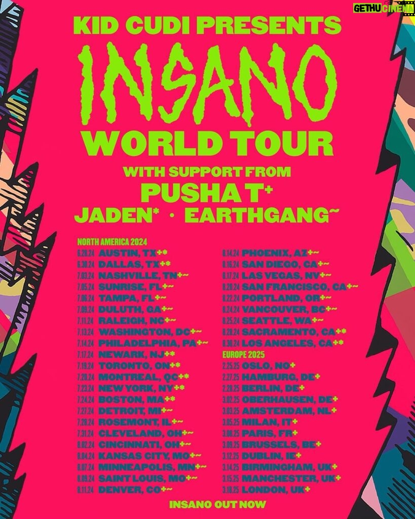 Kid Cudi Instagram - INSANO WORLD TOUR @kingpush @c.syresmith @earthgang 🚀 sign up for early access in your city at insanotour.com