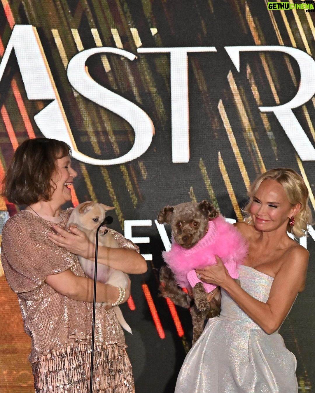 Kristin Chenoweth Instagram - family night out at the #astraawards!! 💖 #theastras @hollywoodcreativealliance Dress: @christopherjohnrogers Shoes: @gianvitorossi Jewelry: @swarovski & @considerthewldflwrs Thunder’s Outfit: @christiancowan Styles by @debswatson