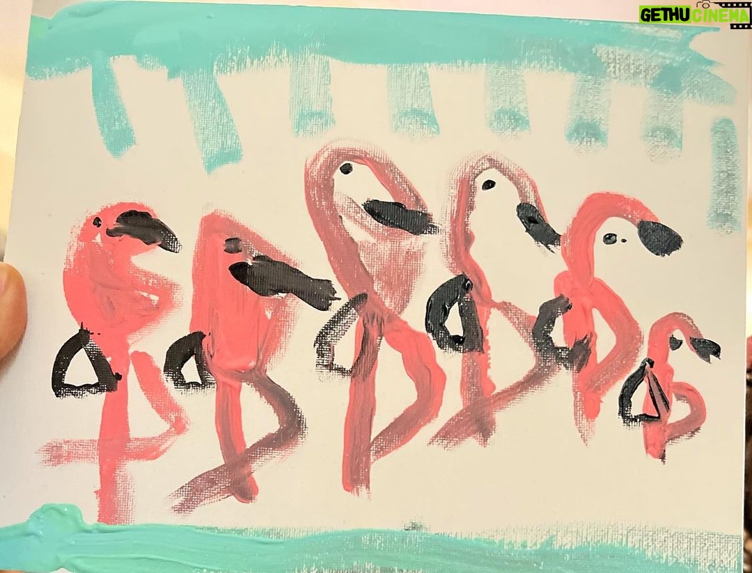 Lacey Chabert Instagram - Julia titled this one “Flamingos Ice Skating” 🦩I love when she paints💕 I don’t love that she painted all over our dining room table but I digress ;)