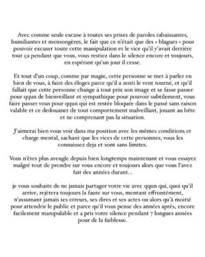 Mélanie Dedigama Instagram - La boucle est bouclée.
J’ai préférée abandonné pour mon bien être psychologique plutôt que de continuer à subir et me faire autant de mal.
J’ai fait un choix égoïste mais nécessaire pour mon bien être et ma santé mentale.

Je vous laisse lire attentivement pour ceux que cela intéressent, les textes mis juste ci-dessus.

J’ai trop longtemps laisser faire les choses sans ne jamais rien dire jusqu’à peu, en accusant le coup à chaque fois et pendant trop longtemps... aujourd’hui c’est terminé.
Les textes comportent 1/4 de tout ce qui a pu se passer, et de ce que cette personne m’a fait subir, j’allais pas non plus écrire un bouquin vous m’excuserez.

Se racheter une image fausse sur le dos de qqun c’est malheureusement pas la première fois et ça ne sera malheureusement pas la dernière pour cette personne assoiffée de buzz !

Je préfère dire ce que j’ai à dire et ce que je ressens et me sentir soulagée d’un poid énorme et ce que j’ai pu ressentir durant toutes ces années plutôt que devoir encore subir injustement la méchanceté de cette personne qui se fait passer pour ce qu’elle n’est pas.
Libre à vous de pensez ce que vous voulez.

Bonne lecture.

#laa7 #lesapprentisaventuriers