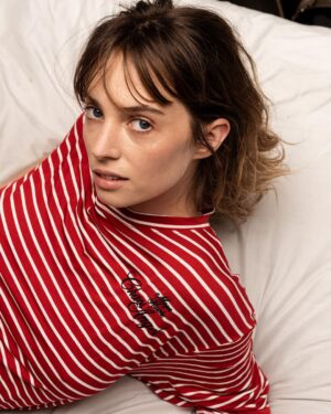 Maya Hawke Instagram - New embroidered long sleeve striped T available for pre order on my site