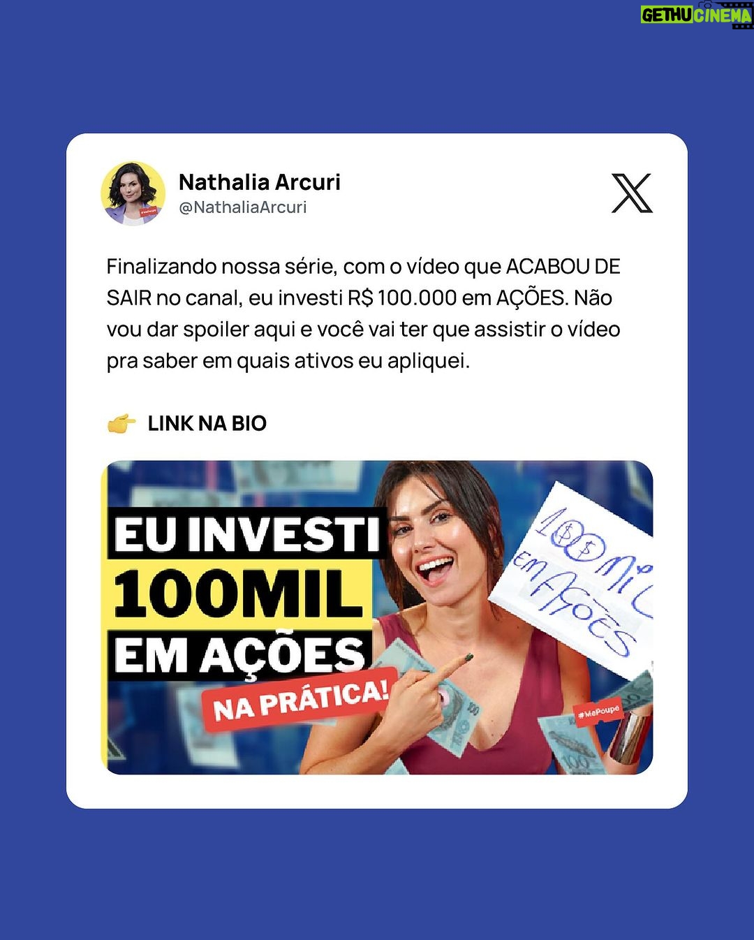 Nathalia Arcuri Instagram - Dinheiro parado no bolso (ou na poupança) é sinal que você precisava desse conteúdo 😎 Quem acompanhou a série de vídeos que eu fiz sobre como investir com R$100, R$1.000 e R$10.000? Hoje saiu o último vídeo, ensinando como e onde investir R$100 mil! 😱 E, pra quem prefere um resuminho mastigado, hoje eu preparei esse post com as 4 dicas que eu dei nos vídeos. Mas é bom ressaltar que vale a pena assistir lá no canal da @mepoupenaweb a série completa, porque tem muito detalhe que você precisa estar atenta ou atento. Inclusive no vídeo eu invisto na prática o dinheirinho pra você ver como funciona o passo-a-passo! Então, depois de conferir esse resumo, corre lá no canal pra fazer uma Nathflix na série completa!
