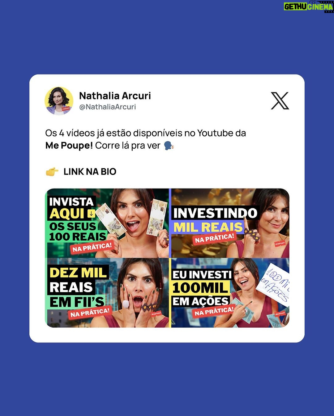 Nathalia Arcuri Instagram - Dinheiro parado no bolso (ou na poupança) é sinal que você precisava desse conteúdo 😎 Quem acompanhou a série de vídeos que eu fiz sobre como investir com R$100, R$1.000 e R$10.000? Hoje saiu o último vídeo, ensinando como e onde investir R$100 mil! 😱 E, pra quem prefere um resuminho mastigado, hoje eu preparei esse post com as 4 dicas que eu dei nos vídeos. Mas é bom ressaltar que vale a pena assistir lá no canal da @mepoupenaweb a série completa, porque tem muito detalhe que você precisa estar atenta ou atento. Inclusive no vídeo eu invisto na prática o dinheirinho pra você ver como funciona o passo-a-passo! Então, depois de conferir esse resumo, corre lá no canal pra fazer uma Nathflix na série completa!