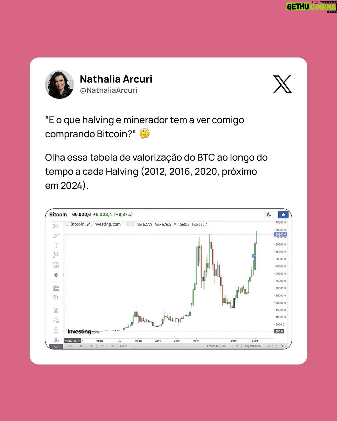 Nathalia Arcuri Instagram - BITCOIN PODE VALER R$2 MILHÕES 🌽🥳 Mas será que vale a pena comprar? O próximo Halving pode valorizar ainda mais o BTC e a estimativa é que ele aconteça agora, no final de abril de 2024. “ENTÃO É PRA SAIR COMPRANDO BITCOIN ADOIDADO?” Calma, meus calabresos… o primeiro passo nesse mercado é entender como ele funciona e se conversa com as suas metas. Ficou curioso e quer aprender, além de descobrir se esse investimento é pra você? Envia CONTA MAIS aqui nos comentários que eu te envio o link do vídeo que acabou de sair no canal!