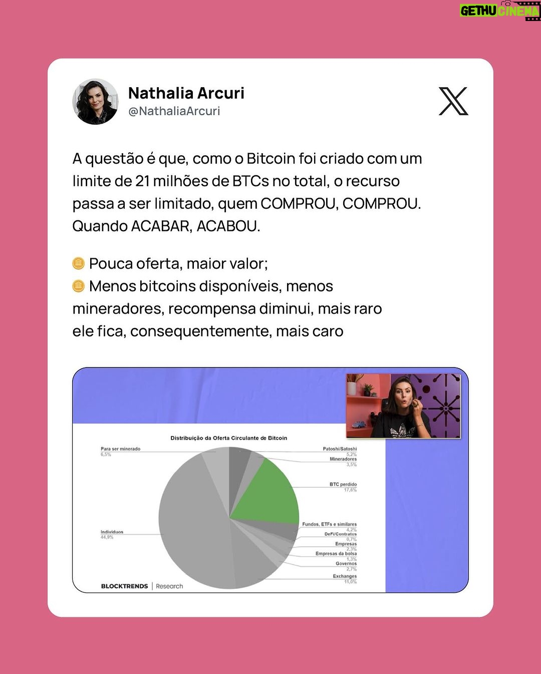 Nathalia Arcuri Instagram - BITCOIN PODE VALER R$2 MILHÕES 🌽🥳 Mas será que vale a pena comprar? O próximo Halving pode valorizar ainda mais o BTC e a estimativa é que ele aconteça agora, no final de abril de 2024. “ENTÃO É PRA SAIR COMPRANDO BITCOIN ADOIDADO?” Calma, meus calabresos… o primeiro passo nesse mercado é entender como ele funciona e se conversa com as suas metas. Ficou curioso e quer aprender, além de descobrir se esse investimento é pra você? Envia CONTA MAIS aqui nos comentários que eu te envio o link do vídeo que acabou de sair no canal!