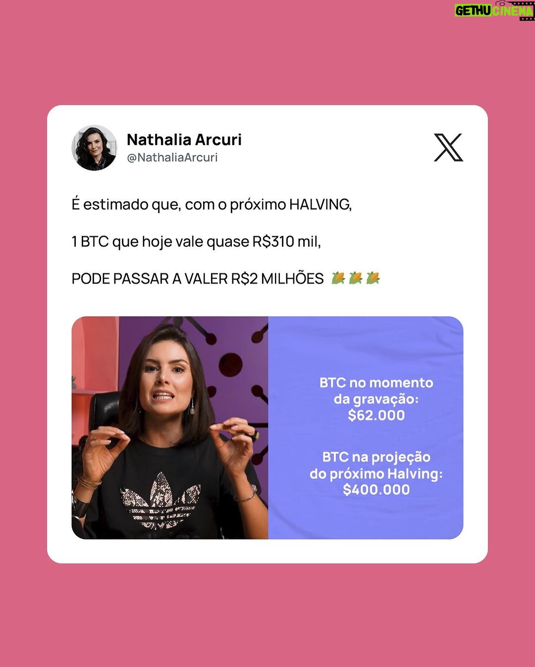 Nathalia Arcuri Instagram - BITCOIN PODE VALER R$2 MILHÕES 🌽🥳 Mas será que vale a pena comprar? O próximo Halving pode valorizar ainda mais o BTC e a estimativa é que ele aconteça agora, no final de abril de 2024. “ENTÃO É PRA SAIR COMPRANDO BITCOIN ADOIDADO?” Calma, meus calabresos… o primeiro passo nesse mercado é entender como ele funciona e se conversa com as suas metas. Ficou curioso e quer aprender, além de descobrir se esse investimento é pra você? Envia CONTA MAIS aqui nos comentários que eu te envio o link do vídeo que acabou de sair no canal!