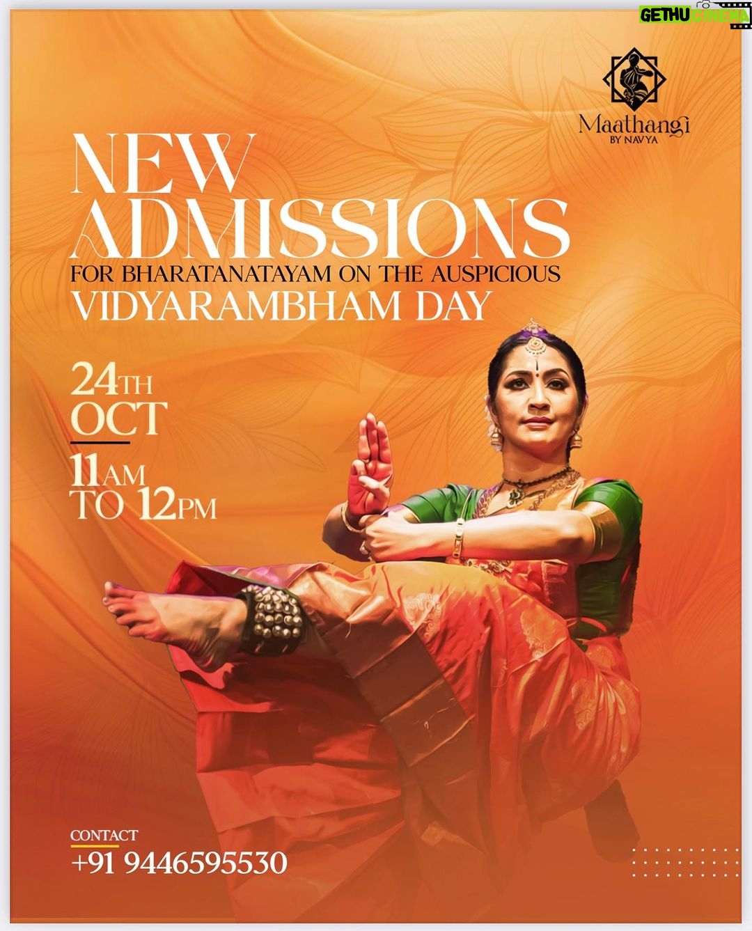 Navya Nair Instagram - We elevated to invite you to our new admission ceremony on 24th October from 11am to 12pm. Let's light our new steps with blessings of Lakshmi on this Vidyarambham day.. #bharatanatyam #vidyarambham #navarathri #disciples #navyanair #maathangibynavya Pic @anoop_ravlat Poster @pravencredit
