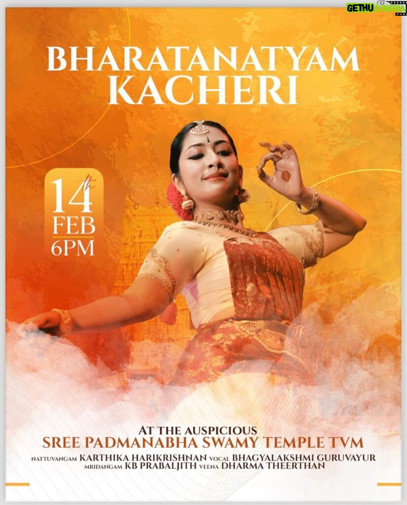 Navya Nair Instagram - “Dancing my heart out at the divine Sree Padmanabha Temple! Join me for a mesmerizing Bharatanatyam kutcheri at 6pm on February 14th. 🙏✨ #Bharatanatyam #TempleDance #DivinePerformance” Poster design @pravencredit
