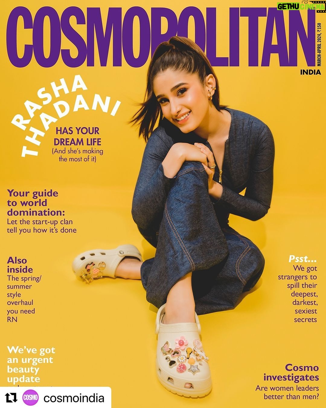 Raveena Tandon Instagram - Her First Cover !!!!!!đ @rashathadani #Repost @cosmoindia with @use.repost ă»ă»ă» In her first-ever cover interview, the fearless and fun-loving Rasha Thadani (@rashathadani) opens up to Cosmopolitan India about life so far, adulting and her much-awaited silver-screen debut. Excerpts from the cover story: Cosmo: When did you realise âI want to be an actorâ? RT: I think I always knew. You know, when people started asking me in school âWhat do you want to be when you grow up?â...I would watch my mom and think: âThatâs what I want to beâ. But, I never said it out loud, because I wasnât sure of how Iâd feel about admitting it TBH. It is not a very nice world we live in right nowâ everyone has an opinion about others. If I had said âI want to be an actorâ out loud when I was younger, and if someone said something negative, it would have affected me a lot... especially with my family and the legacy that I carry. To read the full cover interview, grab a copy of Cosmopolitan Indiaâs March-April issue, out on stands now. Editor: Pratishtha Dobhal (@pratishtha_dobhal) Interview: Simi Kuriakose (@si.mi.later) Digital Editor: Sonal Ved (@sonalved) Cover Design: Mandeep Singh (@mandy_khokhar19) Photographer: Tito (@theurbanennui) Stylist: Sanya Kapoor (@sanyakapoor) Editorial Coordinator: Shalini Kanojia (@shalinikanojia) Hair: Ashis Bogi (@ashisbogi) Make-up: Pompi Hans (@makeupbypompy) Styling Assistant: Saee Walve (@flushfriday); Ria Kothari (@ria.kothari) Set Design: Janhavi Patwardhan (@theartnut_j) On Rasha: Classic Clog Bone with Jibbitzâąïž Charms, @crocsindia; Denim bodysuit & jeans, @saakshakinni ; Earrings & ear cuffs, @hue.and.her ; Rings, @e3kjewelry @hue.and.her #CosmopolitanIndiaCoverStar #MarAprIssue #RashaThadani #crocs #comeasyouare #selfexpression #springwithcrocs #crocsindia #crocssqaud