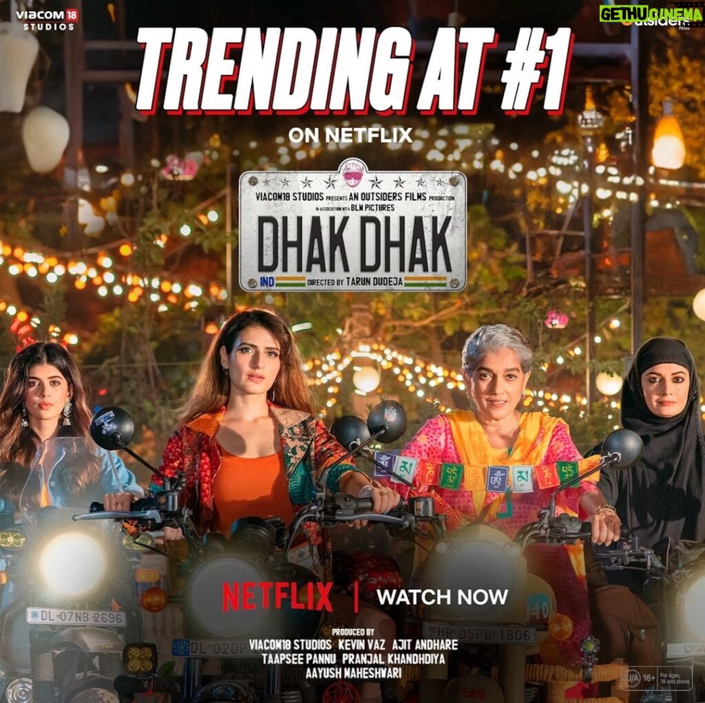 Sanjana Sanghi Instagram - #DhakDhak is now trending at #1 on Netflix! 🏍 @netflix_in @taapsee @diamirzaofficial @fatimasanashaikh @dudeja_sahaab @pranjalnk #RatnaPathakShah @viacom18studios