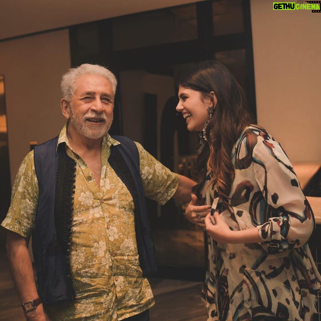 Sanjana Sanghi Instagram - Heads up : Feeling reminiscent! I first met Naseer Sir as an ardent admirer & enthu cutlet back in 2015, when I was interning at Hindustan Times in Delhi during college. Cut to : I meet him 8 years later at our Mumbai screening, after he watched our film #DhakDhak. As though I wasn’t elated enough after he gave me the warmest hug, we then stepped aside as he shared with me how Manjari touched his heart & made him smile. And then, we laughed, a lot. ❤ I definitely had to take a moment to myself after this wholesome conversation - because the 19 year-old-intern Sanj couldn’t have seen this coming! And Rats! I might have a new favourite Shah! ❤ Mumbai, Maharashtra