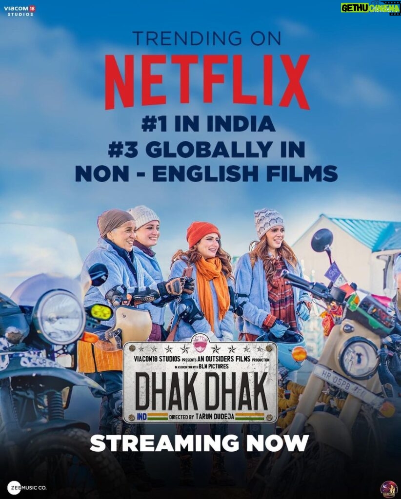 Sanjana Sanghi Instagram - The feeling this leaves in my heart is indescribable. #1 in India for 2 weeks straight, #3 globally amidst non-english films. Thank you for making our #DhakDhak adventure the ride of a lifetime with your roaring love. 💥❤️ #DhakDhak streaming now on @netflix. @dudeja_sahaab @pranjalnk @diamirzaofficial @taapsee @fatimasanashaikh #RatnaPathakShah @viacom18studios @aayush_blm @parijat_joshi