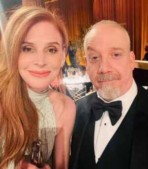 Sarah Rafferty Instagram - Evidence of another reunion that thrilled me. Congratulations on your Golden Globe, Paul. 

Thanking  the lucky stars that the world has come to know Paul Giamatti’s genius, his sublime wit, his kindness and grace.  We all knew we were in the presence of one of the greats back in the 90’s in drama school, and flocked to see him on stage. During one of his star turns, I got to play “the gate”. She was sassy and squeaky, in playful  awe of the princely gent who passed through. Life  imitates art, 27 years later. Swipe.