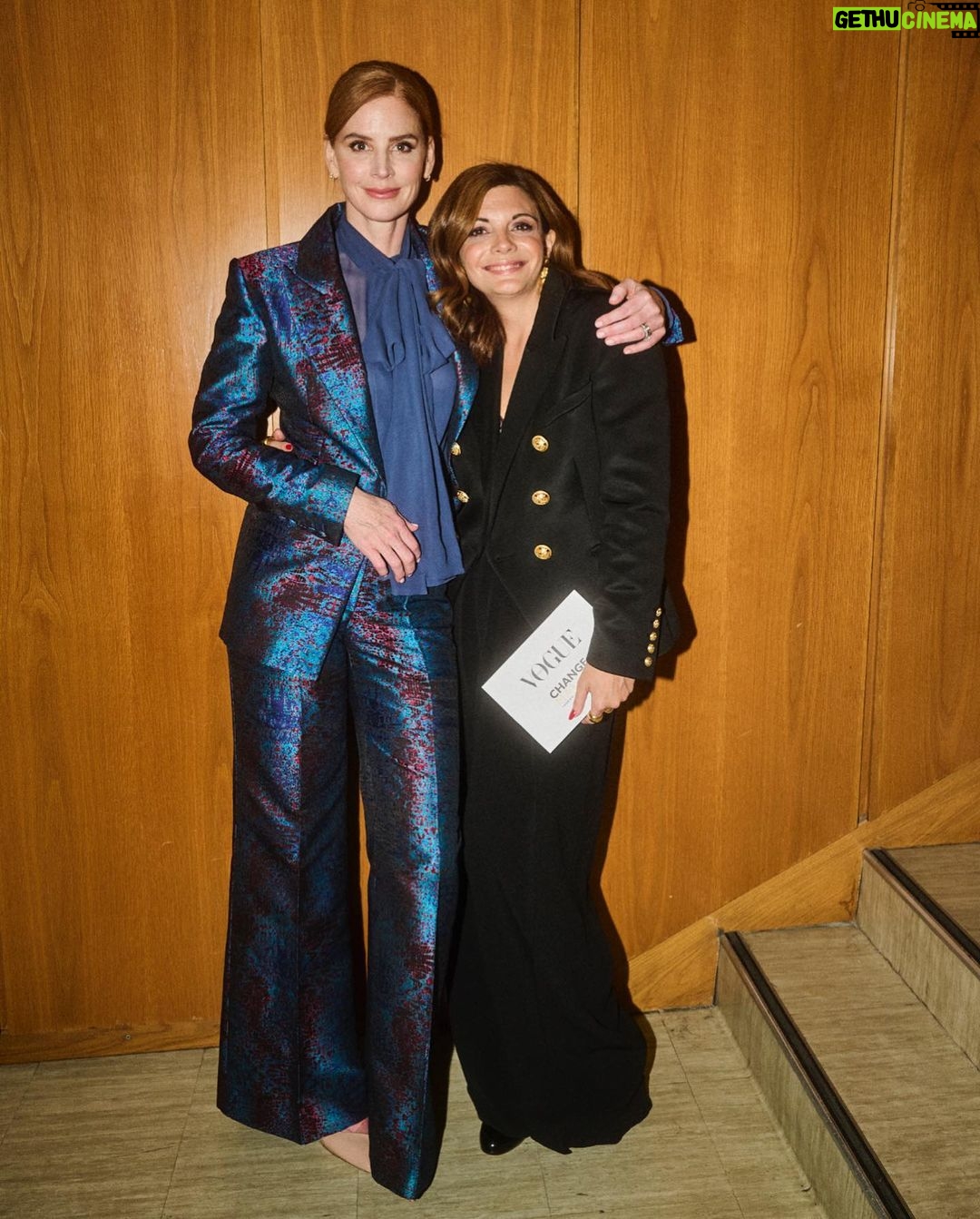 Sarah Rafferty Instagram - Thaleia, my sister, you are a force of nature and I will gladly walk hand in hand with you anywhere. I’ve always love our chats and am thrilled we got to have one in front of over 2000 of your closest friends at the #VogueGreece #ChangeMakers conference in Athens. Thank you for inviting me to represent a feminist creative voice, for chatting about women’s voices in Hollywood, female empowerment through story, how costume and fashion declares who we are and how we move through the world, and the causes near and dear to my heart. I am in awe of your leadership, grace and inspiring and infectious energy @thaleiavoguegr. So grateful to your generous and lovely team at Vogue Greece, and the most incredible audience who filled the Athens Megaron with joy and substance. I was honored to join legends @jeanpaulgaultier @olivier_rousteing @laboutinworld @konstantinkakanias and can’t wait to return to beautiful, majestic Greece. Until we meet again, my sweet. And thank you @costarellos for suiting me up. 😘🤓 Athens, Greece