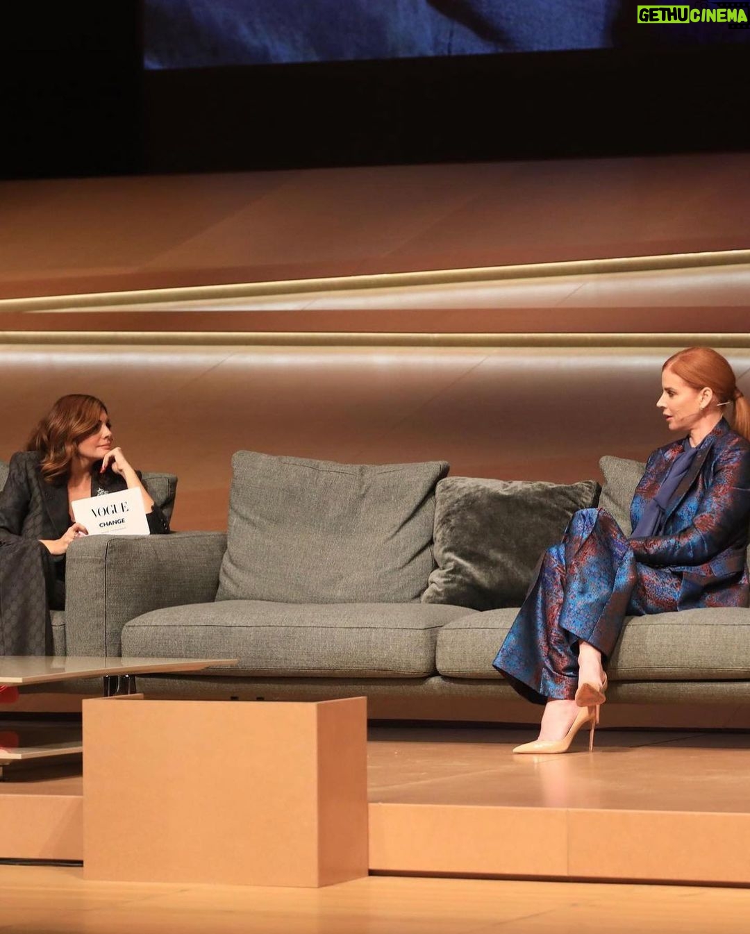 Sarah Rafferty Instagram - Thaleia, my sister, you are a force of nature and I will gladly walk hand in hand with you anywhere. I’ve always love our chats and am thrilled we got to have one in front of over 2000 of your closest friends at the #VogueGreece #ChangeMakers conference in Athens. Thank you for inviting me to represent a feminist creative voice, for chatting about women’s voices in Hollywood, female empowerment through story, how costume and fashion declares who we are and how we move through the world, and the causes near and dear to my heart. I am in awe of your leadership, grace and inspiring and infectious energy @thaleiavoguegr. So grateful to your generous and lovely team at Vogue Greece, and the most incredible audience who filled the Athens Megaron with joy and substance. I was honored to join legends @jeanpaulgaultier @olivier_rousteing @laboutinworld @konstantinkakanias and can’t wait to return to beautiful, majestic Greece. Until we meet again, my sweet. And thank you @costarellos for suiting me up. 😘🤓 Athens, Greece