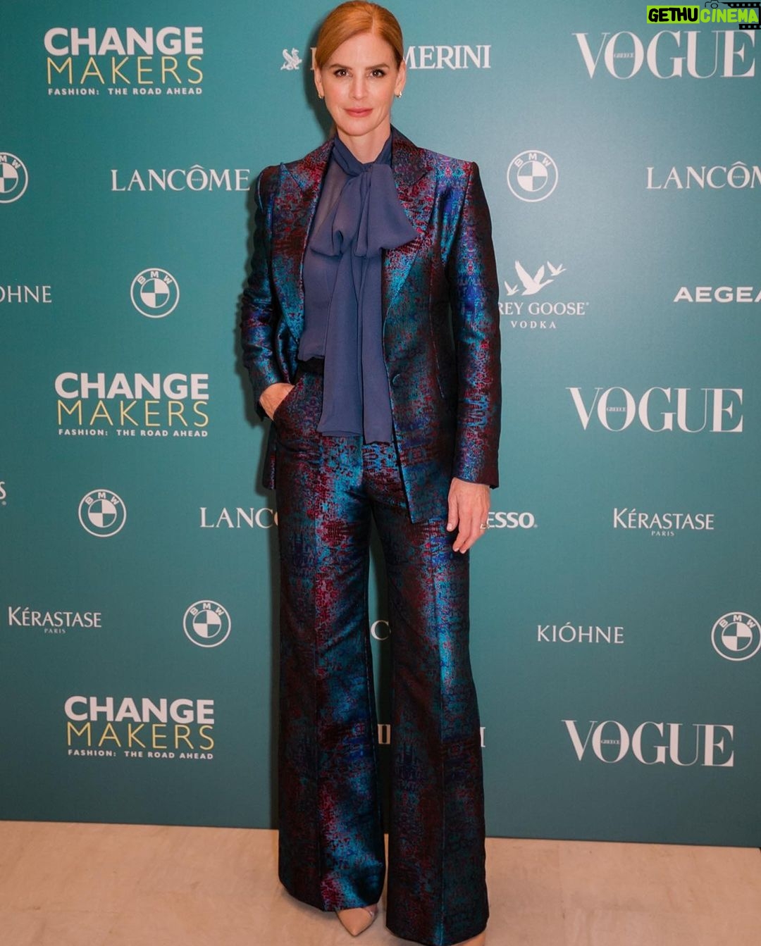 Sarah Rafferty Instagram - Thaleia, my sister, you are a force of nature and I will gladly walk hand in hand with you anywhere. I’ve always love our chats and am thrilled we got to have one in front of over 2000 of your closest friends at the #VogueGreece #ChangeMakers conference in Athens. Thank you for inviting me to represent a feminist creative voice, for chatting about women’s voices in Hollywood, female empowerment through story, how costume and fashion declares who we are and how we move through the world, and the causes near and dear to my heart. I am in awe of your leadership, grace and inspiring and infectious energy @thaleiavoguegr. So grateful to your generous and lovely team at Vogue Greece, and the most incredible audience who filled the Athens Megaron with joy and substance. I was honored to join legends @jeanpaulgaultier @olivier_rousteing @laboutinworld @konstantinkakanias and can’t wait to return to beautiful, majestic Greece. Until we meet again, my sweet. And thank you @costarellos for suiting me up. 😘🤓 Athens, Greece