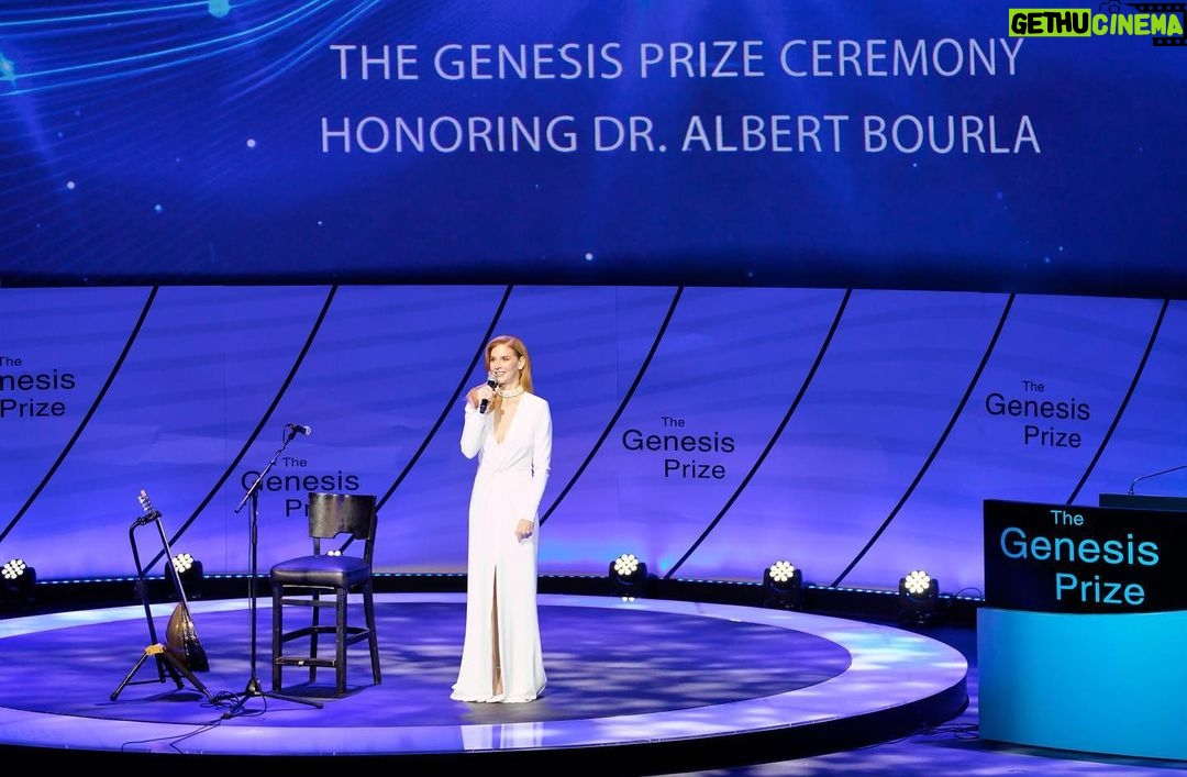 Sarah Rafferty Instagram - After years of being graciously included in my friends’ Jewish holiday celebrations and hearing them say, “L’ shana haba’ah B’Yerushalayim”, last week I traveled to Jerusalem for the first time to host The Genesis Prize ceremony. Deemed the “Jewish Nobel”, Genesis is a $1 million annual prize awarded to Jewish individuals in recognition of their personal and professional contributions to humanity. In the sprit of “Tikkun Olam”, all Genesis laureates donate their prize money to worthy causes, in an effort to “repair the world”. The evening opened with a powerful tribute to the doctors and NGO’s who are working with refugees of the war in Ukraine; and culminated in awarding Dr Albert Bourla, for his visionary leadership during the Covid pandemic. Albert is the Chairman and CEO of Pfizer and the son of Holocaust survivors. He plans to use his prize to create a Holocaust museum in his hometown of Thessaloniki, Greece. Albert’s parents were among the 2,000 survivors of a once thriving Jewish community of over 50,000. I am incredibly grateful for the opportunity to make a personal call to action to the doctors and scientists in attendance and to the scientific community at large. As Dr. Bourla has said, we are on the verge of a scientific renaissance, and it is my profound hope that in the coming years, a cure for Alzheimer’s and Dementia will be found. With my daughters and husband in attendance, and with the support of my mother and sisters, I spoke publicly for the first time about my father’s struggles with Alzheimer’s. It was a privilege to thank Albert and his team for creating a vaccine that helped the world and personally helped to safely reunite my children with my parents before my father lost the ability to recognize them. This trip to the Holy Land began my personal journey toward better understanding thousands of years of rich history and devastatingly complex conflict…. (Caption continued in comments) Photo: @noamc_official 👗 @galialahav