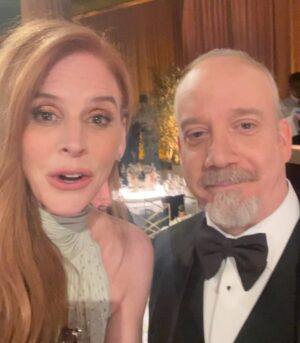 Sarah Rafferty Instagram - Evidence of another reunion that thrilled me. Congratulations on your Golden Globe, Paul. 

Thanking  the lucky stars that the world has come to know Paul Giamatti’s genius, his sublime wit, his kindness and grace.  We all knew we were in the presence of one of the greats back in the 90’s in drama school, and flocked to see him on stage. During one of his star turns, I got to play “the gate”. She was sassy and squeaky, in playful  awe of the princely gent who passed through. Life  imitates art, 27 years later. Swipe.