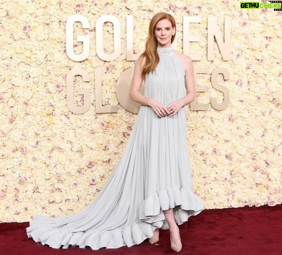 Sarah Rafferty Instagram - Thank you @goldenglobes for inviting me to join old friends and new yesterday. It was a thrill and an honor. So much thanks is due to so many for helping this lady step out with just few days notice. I can never thank my tireless and intrepid manager, Charlton Blackburne, enough for all he does for me….including flying to Paris to deliver this @Lanvin creation. Thank you to our friends @sylvainruffier @camera_lucida_ and the #lanvin team for helping us while still on holiday. Thank you @louboutinworld for fairytale shoes. Thank you @beau_nelson and @davestanwell for the face and the hair and the borderline excessively needy hand holding. Thank you bff @annarothmilner for the world’s most artful and utterly essential taping of the bits on a windy day, 💃 @ohmeredith for the remote hair coloring., 😂 @brazilianbeautybarla for the witchery. @tylerellisofficial 👛 @leonyvonne 💍@joyeriayanes