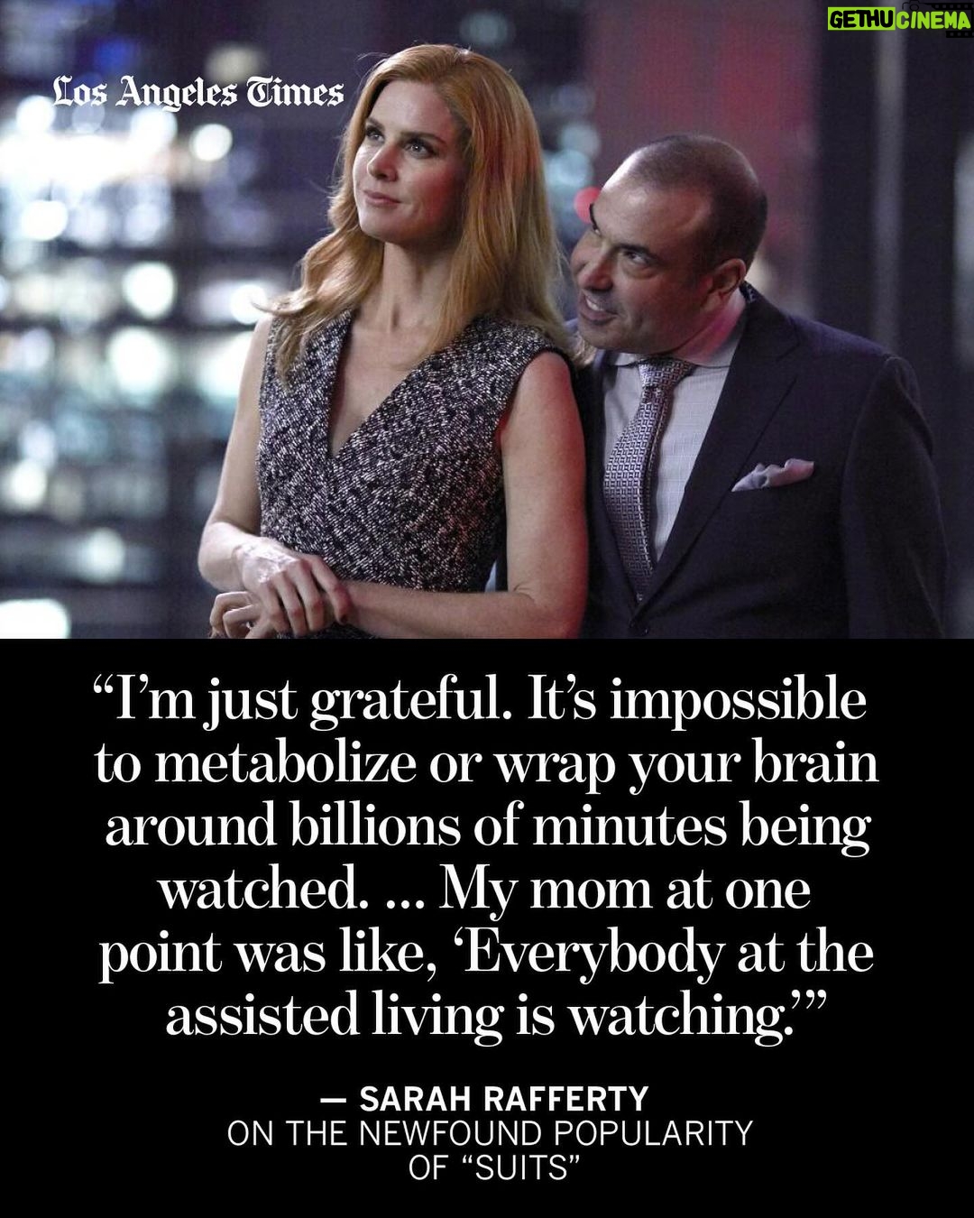 Sarah Rafferty Instagram - This summer, Sarah Rafferty starred in one of the most-watched shows to hit streaming — four years after the series ended its run. #Suits, the legal drama that originally ran on USA Network from 2011 to 2019, has seen a resurgence in popularity since it became available to stream on Netflix in June. In the months since, the series has broken several streaming records — notching 18 billion streaming minutes in July alone — and is the most-watched title ever acquired by a streaming service, according to Nielsen. Rafferty is hoping some of that success will benefit her newest series for the streamer. She stars as Katherine Walter, the matriarch of the large Walter family, in Netflix’s adaptation of the Ali Novak’s coming-of-age novel, “My Life With the Walter Boys.” Now streaming, the series revolves around 15-year-old Jackie, who is uprooted from Manhattan to rural Colorado after the deaths of several members of her immediate family. She is taken in by her mom’s best friend, Katherine, and her husband, George (Marc Blucas), who are already raising 10 children, mostly boys. Rafferty spoke to the The Times’ @villarrealy about her journey, “Suits,” the #sagaftrastrike and more. Get the full story at the link in @latimes_entertainment’s bio. 🖊️ @villarrealy 📸 @genaro4707; Shane Mahood / USA; Netflix