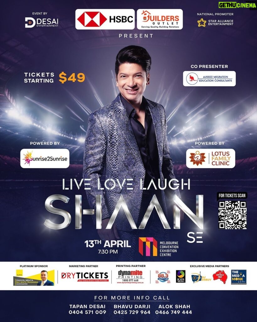 Shaan Instagram - Join us for an unforgettable evening filled with music, love, and laughter! 🎶 📅: Saturday, April 13th 📍: Melbourne Convention and Exhibition Centre (MCEC) ⏰: Doors open at 6:30 PM Experience the magic of Shaan live in concert! Secure your spot now and make memories that will last a lifetime. Book your tickets https://www.trybooking.com/CNPAY #ShaanLive #ShaanInMelbourne