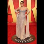 Sharon Stone Instagram - Oscars @vanityfair Stylist:@theparislibby @aframe_agency Makeup @amyoresman @aframe_agency Hair @paige_davenport Dress: @delcoreofficial Jewelry @gismondi1754 Handbag: @carolinaherrera Shoe: @machandmach