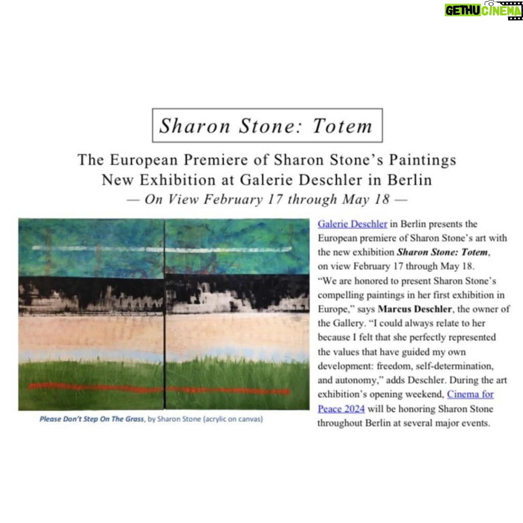 Sharon Stone Instagram - Sharon Stone: Totem is now on view at @galeriedeschler through May 18th, co-presented by @cinemaforpeace. Grateful to share my art in my first European exhibition. 🤍