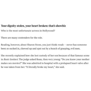 Sharon Stone Instagram - And the judge was a women who judged family law for our case ONLY - Not a family law judge. 

Since the cats out of the bag, let them find those sealed records 😂💪🏻

https://www.thetimes.co.uk