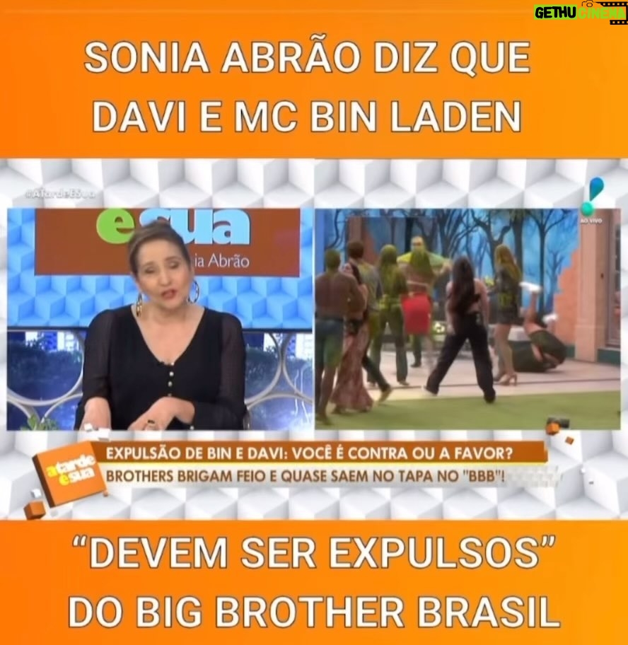 Sonia Abrão Instagram - BBB24 EXPULSÃO OU NÃO? Como jornalista, especializada em crítica de TV, acho que o certo seria a saída de Bin e Davi do reality, por conta da briga feia! Mas, como telespectadora e torcedora, o coração dói! Não consigo ver o jogo sem Davi. E agora? 😳 (Vídeo: @redetv)