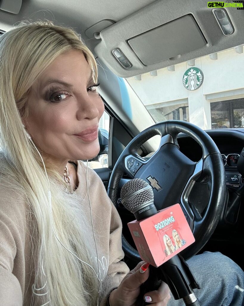 Tori Spelling Instagram - I don’t believe in NO… I make it happen no matter what. Podcast time… WiFi out. Cool… head to Starbucks. Do podcast from car ✅ listen to this never a dull minute in my life sTORI @9021omgpodcast NEW episode out now wherever you listen to your podcasts. @iheartpodcast #carcasting #beverlyhills90210 Starbucks Woodland Hills