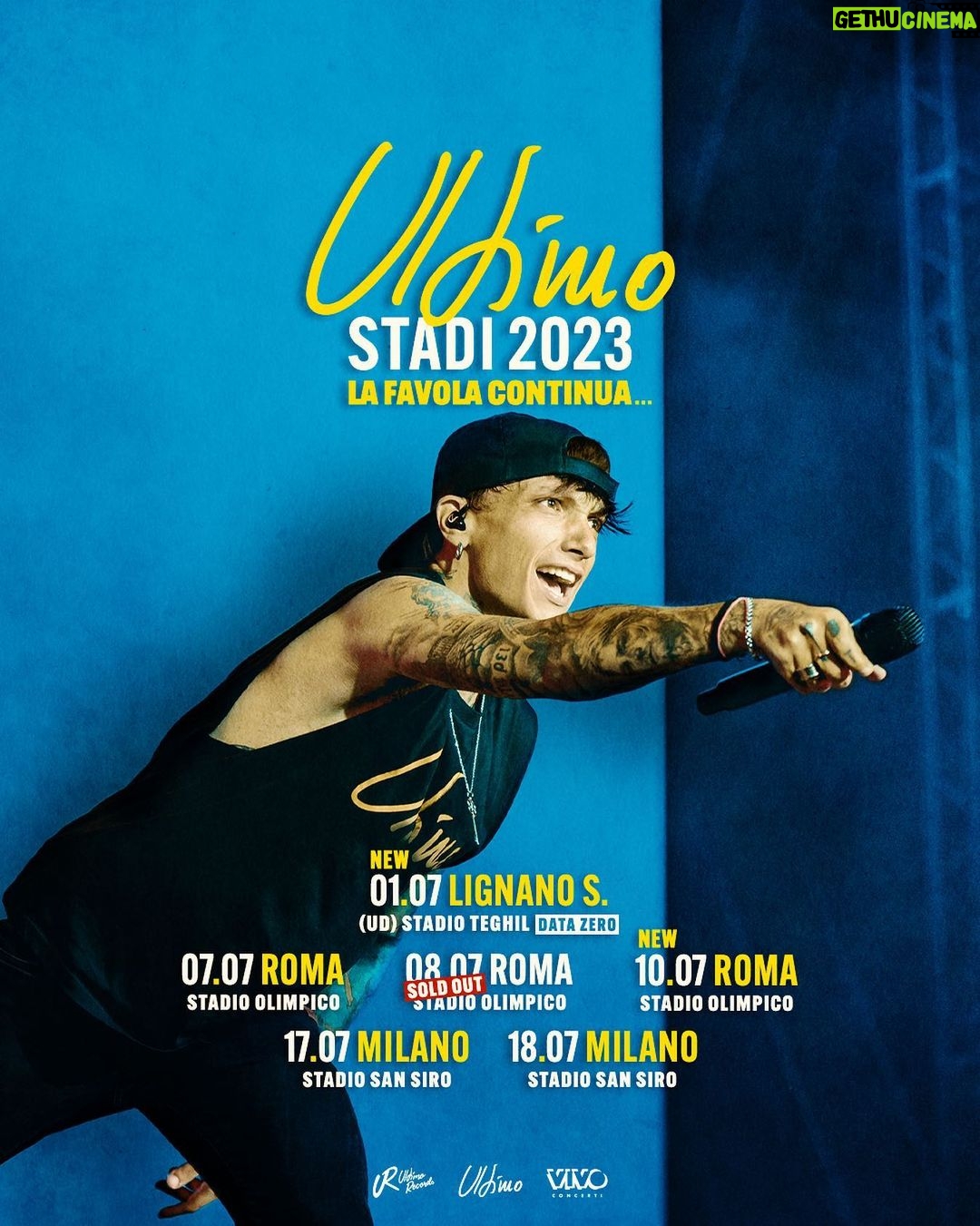 Ultimo Instagram - TRIPLETTA ALLO STADIO OLIMPICO! 😎 La data dell’8 luglio è ufficialmente sold out e io proprio non ce l’ho fatta a resistere… aperta una TERZA DATA per il 10 luglio. 195.000 persone solo a Roma. Pazzesco! E dopo 4 anni dalla mia prima volta, ci rivediamo il 1° luglio allo Stadio Teghil di Lignano per la data zero. Luglio, sbrigate! ❤️ Biglietti per le nuove date disponibili da mercoledì alle 11:00.