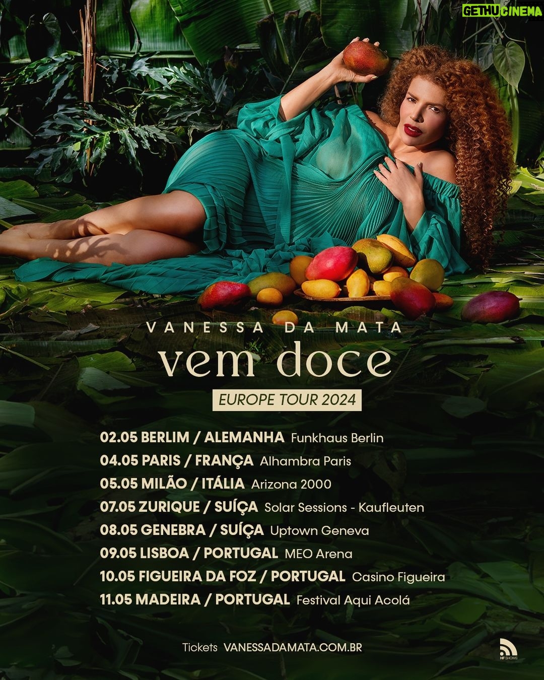 Vanessa da Mata Instagram - 🥭🗺 Atenção passarinhos da Europa, turnê “Vem Doce” chegando em maio para vocês! 🎶Já marquem aqui nos comentários aquele amigo que não pode perder essa turnê. 🎫 Link de ingressos no site www.vanessadamata.com.br e no link da bio. #EquipeVDM #VanessadaMata #VemDoce #TurnêVemDoce #VemDoceoShow