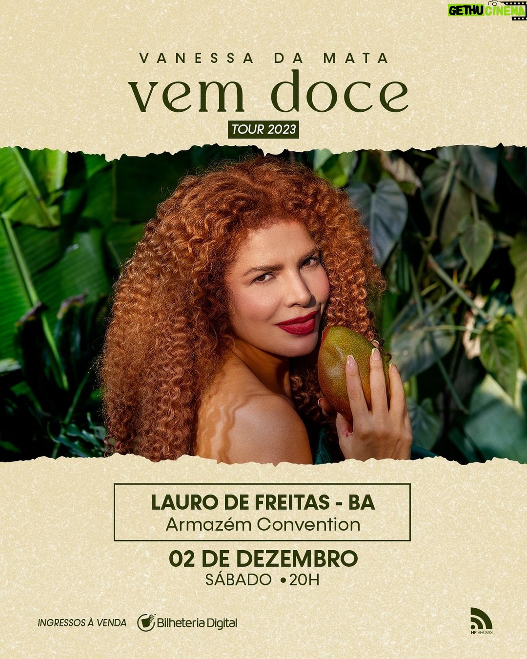 Vanessa da Mata Instagram - 🥭Atenção passarinhos baianos! Em dezembro estaremos de volta com o show VEM DOCE, agora em Lauro de Freitas! Esperamos vocês no @armazemconvention no dia 02 de dezembro. 🎫 Os ingressos já estão à venda no site da @bilheteriadigital (Link na bio) 📍Vendas físicas no Balcão de Ingressos. Avisem os amigos e familiares! Até já! #VanessadaMata #vemdoce #turnêvemdoce #vemdoceoshow #laurodefreitas #armazemconvention
