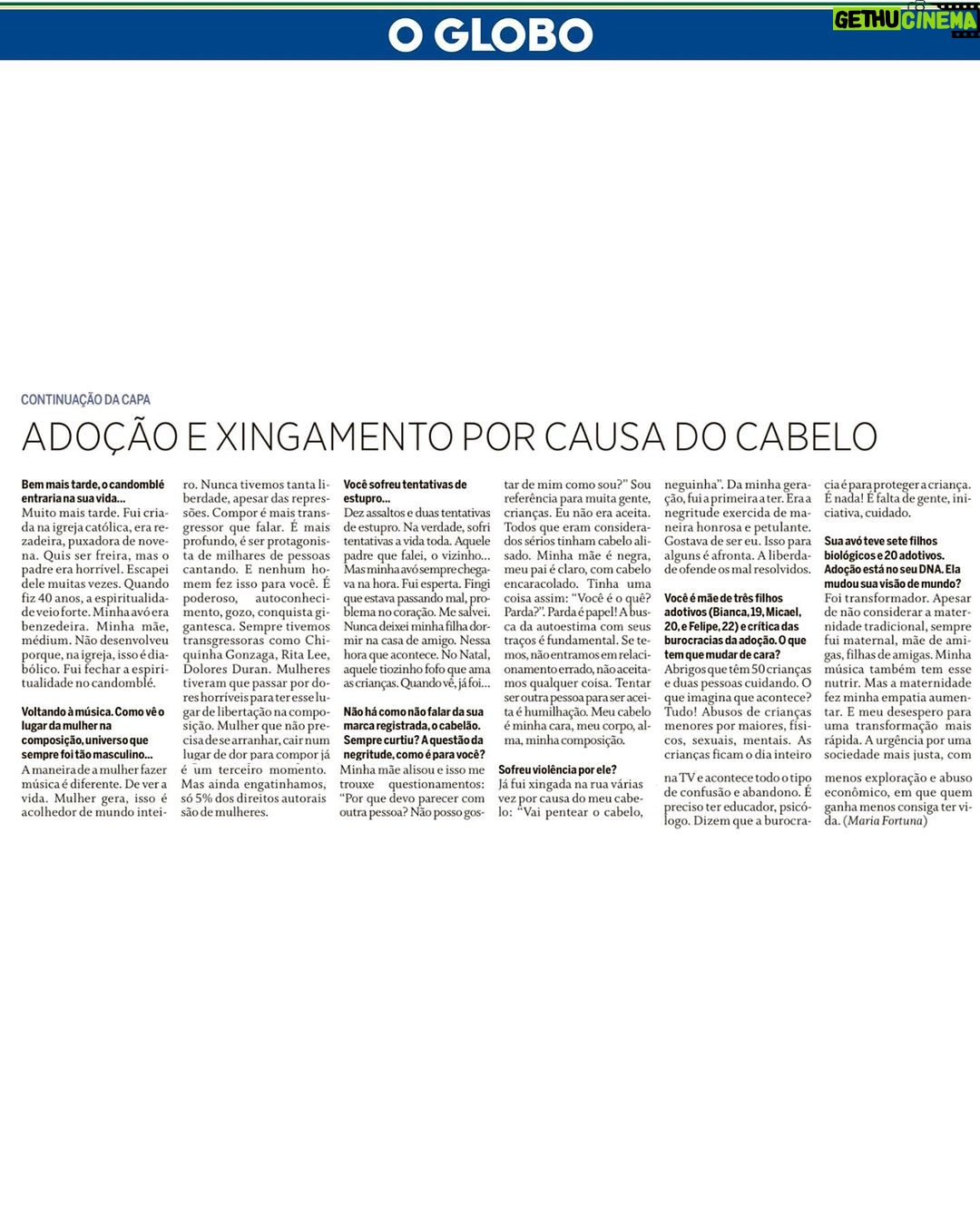 Vanessa da Mata Instagram - Vanessa da Mata está na capa do @jornaloglobo de hoje, além de estampar a matéria principal do Segundo Caderno do jornal! Em entrevista à Maria Fortuna @mariafortuna27, a artista falou de temas diversos - de seu último álbum “Vem Doce” às crenças que tem no amor, passando também por assuntos como preconceito, adoção, processos de composição, família e religiosidade. A matéria completa está disponível no jornal impresso e no site oglobo.globo.com. Leia já! ✍️ Maria Fortuna @mariafortuna27 📸 Léo Aversa @leoaversa