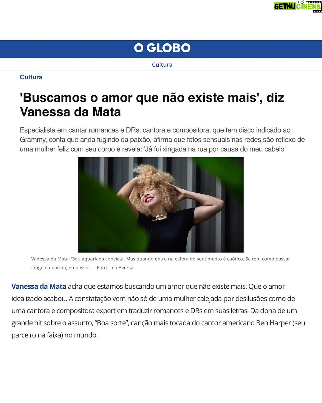 Vanessa da Mata Instagram - Vanessa da Mata está na capa do @jornaloglobo de hoje, além de estampar a matéria principal do Segundo Caderno do jornal! Em entrevista à Maria Fortuna @mariafortuna27, a artista falou de temas diversos - de seu último álbum “Vem Doce” às crenças que tem no amor, passando também por assuntos como preconceito, adoção, processos de composição, família e religiosidade. A matéria completa está disponível no jornal impresso e no site oglobo.globo.com. Leia já! ✍️ Maria Fortuna @mariafortuna27 📸 Léo Aversa @leoaversa
