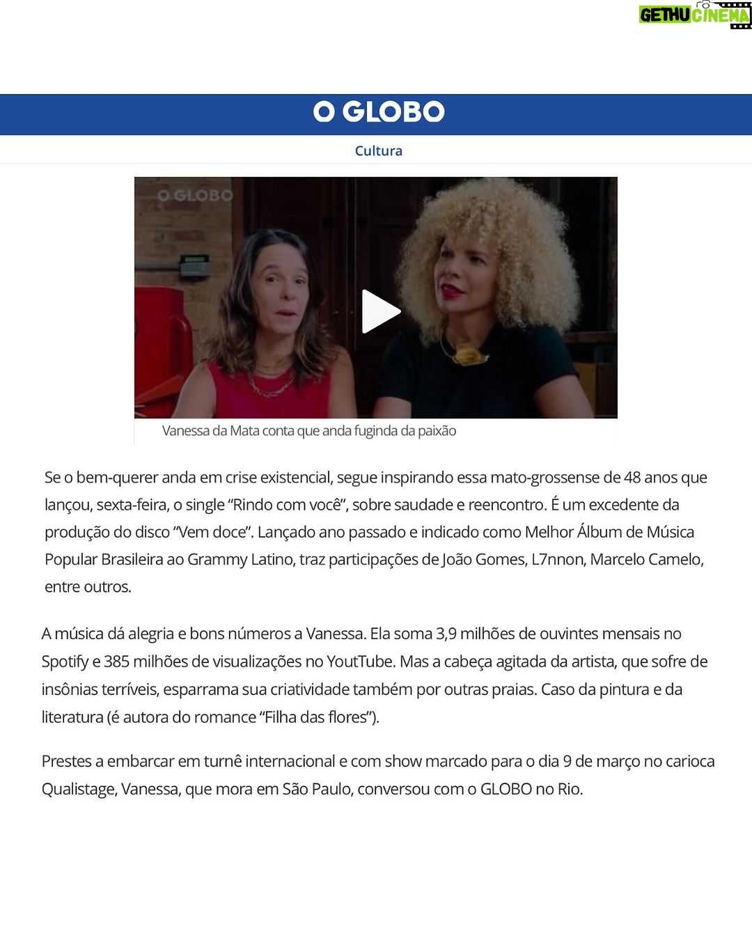 Vanessa da Mata Instagram - Vanessa da Mata está na capa do @jornaloglobo de hoje, além de estampar a matéria principal do Segundo Caderno do jornal! Em entrevista à Maria Fortuna @mariafortuna27, a artista falou de temas diversos - de seu último álbum “Vem Doce” às crenças que tem no amor, passando também por assuntos como preconceito, adoção, processos de composição, família e religiosidade. A matéria completa está disponível no jornal impresso e no site oglobo.globo.com. Leia já! ✍️ Maria Fortuna @mariafortuna27 📸 Léo Aversa @leoaversa