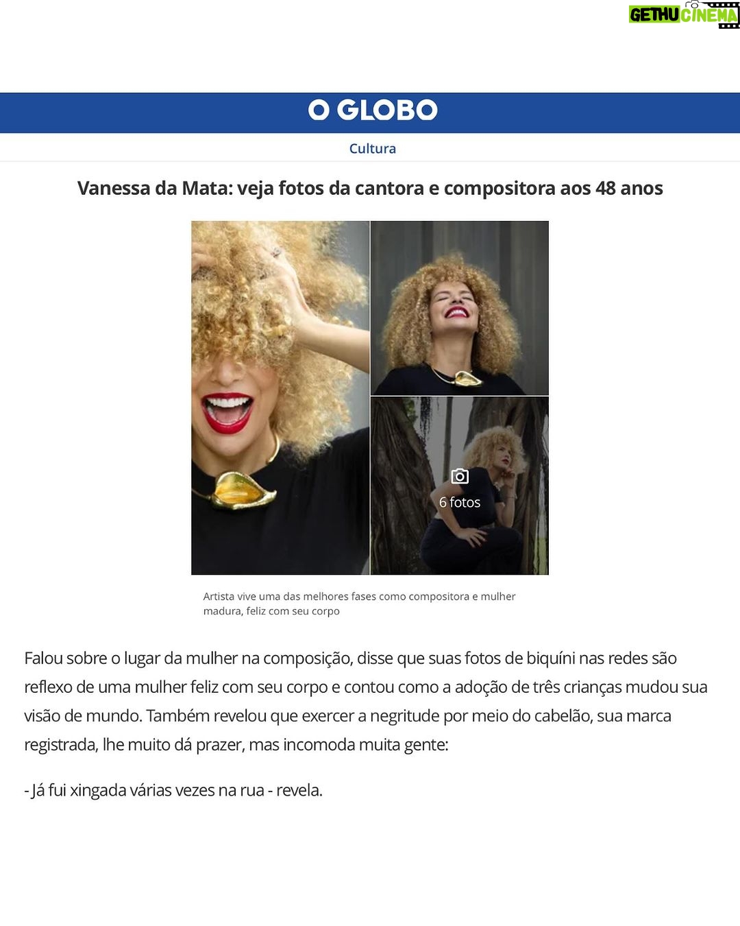 Vanessa da Mata Instagram - Vanessa da Mata está na capa do @jornaloglobo de hoje, além de estampar a matéria principal do Segundo Caderno do jornal! Em entrevista à Maria Fortuna @mariafortuna27, a artista falou de temas diversos - de seu último álbum “Vem Doce” às crenças que tem no amor, passando também por assuntos como preconceito, adoção, processos de composição, família e religiosidade. A matéria completa está disponível no jornal impresso e no site oglobo.globo.com. Leia já! ✍️ Maria Fortuna @mariafortuna27 📸 Léo Aversa @leoaversa