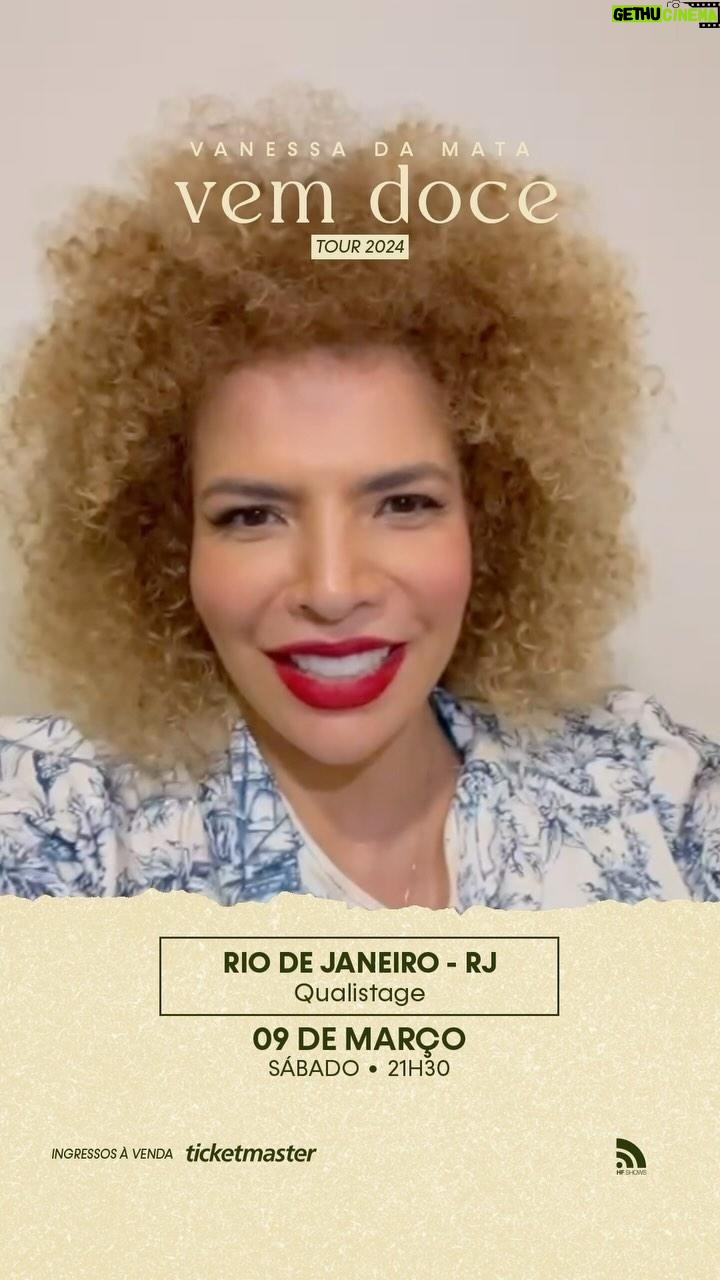Vanessa da Mata Instagram - 🥭 Atenção passarinhos cariocas, falta pouco! Dia 09 de março estaremos de volta ao Rio com o show “Vem Doce” no @qualistage, Barra da Tijuca. 🎫 Os ingressos estão à venda no @ticketmasterbr. Comente “link” para receber o link de venda dos ingressos na sua DM. Avisem os passarinhos amigos. Até lá! #VanessadaMata #VemDoce #RiodeJaneiro #qualistage Qualistage
