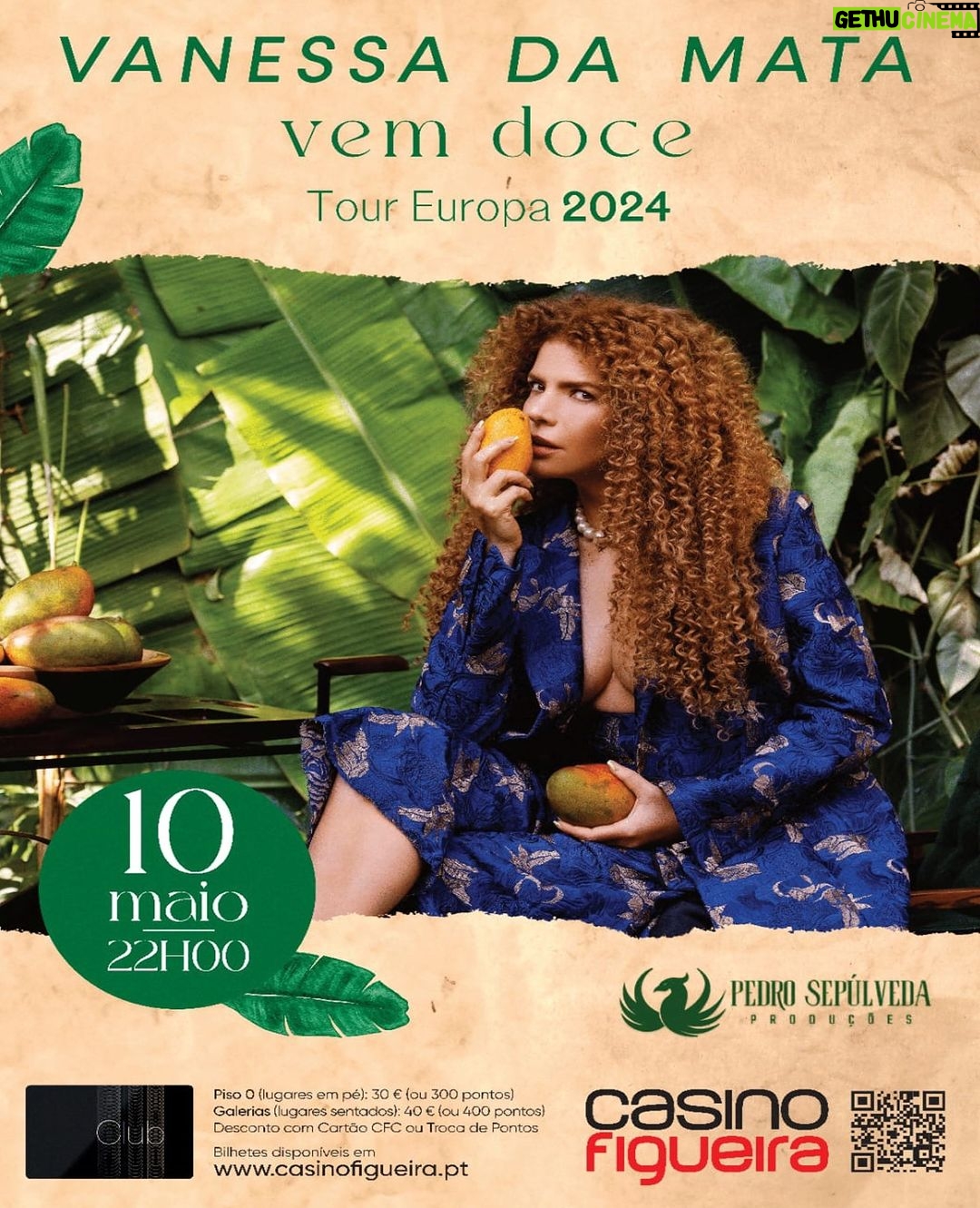 Vanessa da Mata Instagram - Vanessa da Mata está de volta a Portugal para assinalar os seus 20 anos de carreira! 🎤🇧🇷 No dia 10 de maio, a cantora brasileira marcará presença no Salão Caffé do Casino Figueira da Foz para apresentar o seu novo álbum “Vem Doce”, com o qual esteve nomeada para os Grammys Latino. Venha sentir a magia da música brasileira e reviver os maiores êxitos da Vanessa da Mata, numa noite inesquecível. Bilhetes já disponíveis. 🎟️ bol.pt - Produção Casino Figueira e Pedro Sepúlveda.
